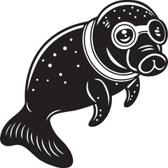 Black silhouette of a manatee wearing goggles black and white
