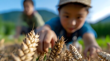 Young Asian boy in baseball cap reaching for golden wheat stalks in sunny field, shallow depth of field emphasizes wheat in foreground against blurred rural landscape.