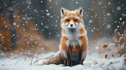 Fototapeta premium Majestic red fox sits serenely in a snowy winter forest