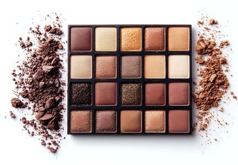 Fototapeta premium Makeup eyeshadow palette with brown, nude, and bronze shimmering colors arranged in squares, surrounded by crushed powder texture on white background.