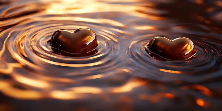 Heart shaped chocolate candies floating on liquid surface with golden ripples and reflections creating romantic mood in warm brown tones. - Powered by Adobe