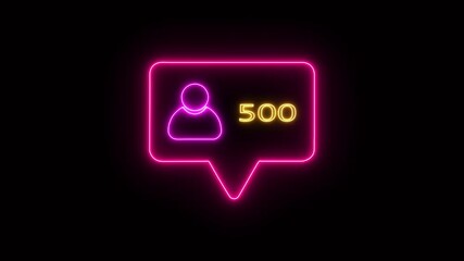 A glowing neon social media follower notification icon. The speech bubble outline glows in orange, featuring a pink neon user icon on the left and bold pink neon text reading "500" - Powered by Adobe