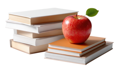 Stack of Books and Apple: A vivid composition of knowledge and learning, with a stack of neatly arranged books alongside a fresh, ripe apple symbolizing education and intellectual growth.