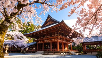 Fototapeta premium Cherry blossoms and traditional temple