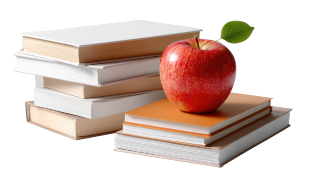 Stack of Books and Apple: A vivid composition of knowledge and learning, with a stack of neatly arranged books alongside a fresh, ripe apple symbolizing education and intellectual growth.
