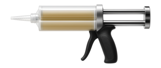 Polyurethane adhesive in a dual-chamber syringe for mixing two-part formulas, used in automotive assembly.