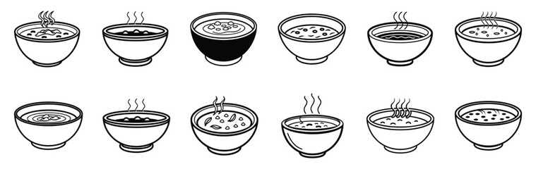A set of twelve black-and-white soup bowl icons featuring various steaming and non-steaming designs, perfect for restaurant menus, recipe illustrations, culinary branding, and food-related graphic des