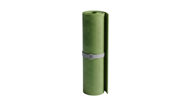 Green yoga mat rolled up and secured with a strap, isolated on transparent background