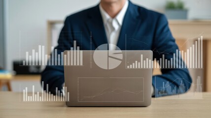 Business Data Analysis - A businessman at a laptop with a digital overlay of various charts and graphs, for business performance and strategy