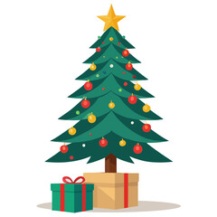 Flat Design Christmas Tree with Gifts, Festive Holiday Cheer