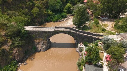 Aerial View of Medieval Sanahin Bridge crossing Debed River in Armenia