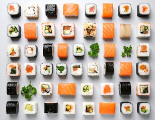 An overhead shot of various sushi arranged in a grid pattern on a light gray background