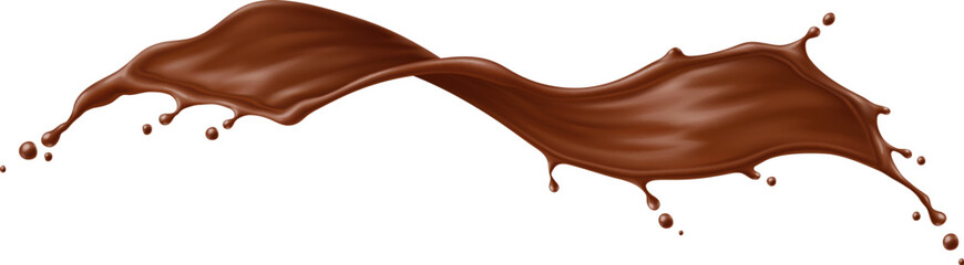 Chocolate drink flow splash wave flowing mid air, curves elegantly with droplets emphasizing motion. Realistic 3d vector twisted rich, dessert splash with velvety texture for sweet promo or food ads