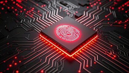 Red Illuminated Fingerprint Sensor on Dark Circuit Board, Generated with AI.