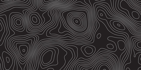 Abstract black background with white contour lines creating a topographic map pattern. Modern minimal design, seamless texture, wavy lines, elevation curves, and stylish geometric flow.