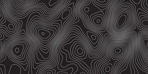 Abstract black background with white contour lines creating a topographic map pattern. Modern minimal design, seamless texture, wavy lines, elevation curves, and stylish geometric flow.