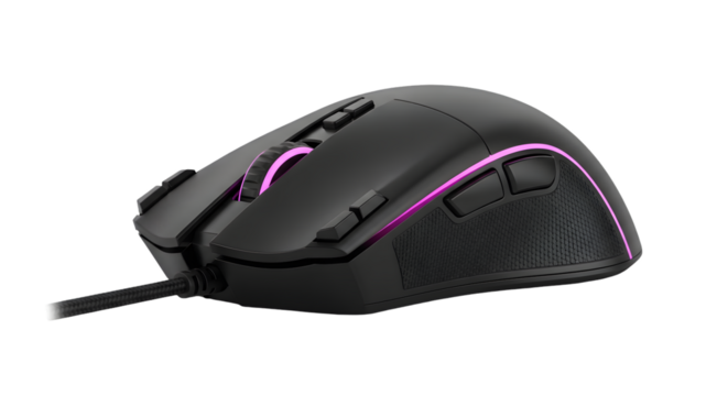 Ergonomic computer mouse with customizable rgb lighting, isolated on transparent background, designed for gaming and professional use