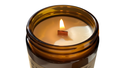 Gold glass contains a lit white candle with a wooden wick on black. Use for branding, packaging mockups, or product photography with aromatherapy themes.