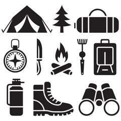Tent sleeping bag campfire lantern compass knife canteen boots binoculars tree vector. Outdoor icons design. Vector black silhouette. with white background.