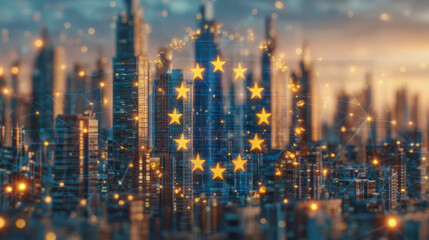 Fototapeta premium A futuristic cityscape at dusk overlaid with glowing stars symbolizing a prominent, possibly European, union or cooperation.