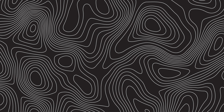 Abstract black background with modern topographic contour lines. Minimalist wavy line pattern design for digital wallpaper, texture, backdrop, and stylish geometric abstract art concept.