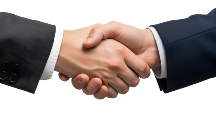 Two businessmen shaking hands in a formal agreement, isolated on transparent background