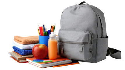 Back to School Essentials: A vibrant collection of school supplies, including a sturdy backpack, books, colorful pens and pencils, a juicy apple, and a refreshing drink.