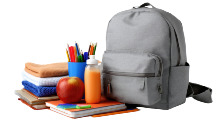 Back to School Essentials: A vibrant collection of school supplies, including a sturdy backpack, books, colorful pens and pencils, a juicy apple, and a refreshing drink.