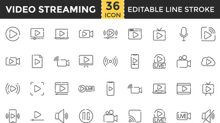 Video Streaming Line Icon Set. Pixel perfect and Outline Editable Stroke Icons collection for Live, Web Streaming, Video Streaming, Broadcasting, Podcast, Television, Sport, Device Screen, Film