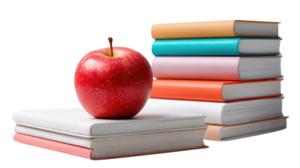 Stacked Books with Apple: A vibrant composition of stacked books and a shiny red apple symbolizes the core of education and learning, capturing the essence of knowledge.