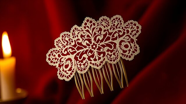 Embroidered mantilla comb with intricate lace patterns, glowing under candlelight with crimson velvet background.