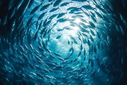 Massive school of fish swirling in blue ocean water towards sunlight