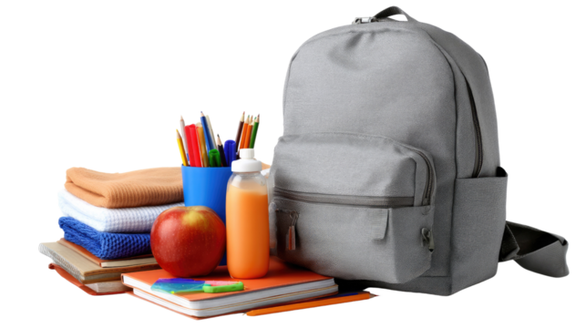 Back to School Essentials: A vibrant collection of school supplies, including a sturdy backpack, books, colorful pens and pencils, a juicy apple, and a refreshing drink.