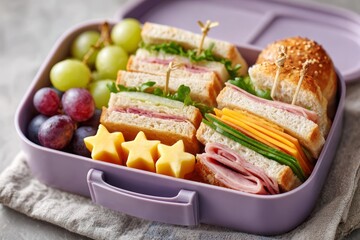 Colorful kids lunchbox with mini burgers, fruits, carrots, and cheese stars. Fun lunchbox with bite-sized foods. concept of nutritious meal for kids
