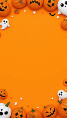 Bright orange background features playful Halloween pumpkins, ghosts, and spooky decorations