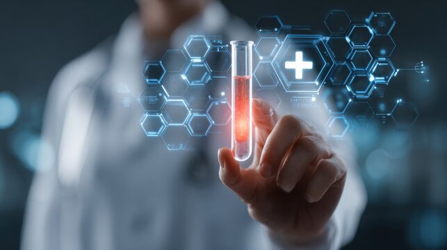 scientist holding sample digital overlay - Powered by Adobe