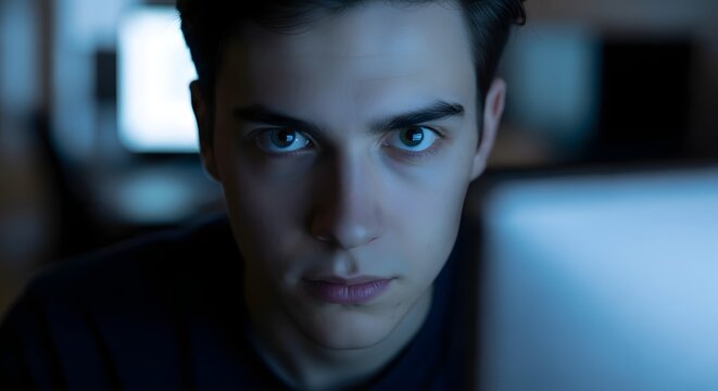 Focused young man working late on computer (AI Generated) - Powered by Adobe