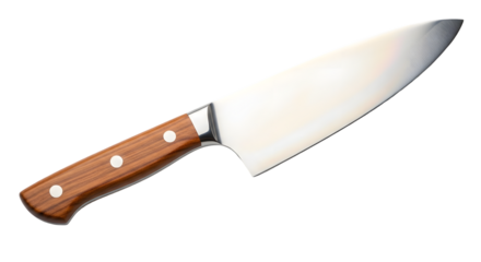 A sharp chefs knife with a wooden handle, isolated on a transparent background