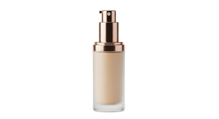 A bottle of liquid makeup foundation with a rose gold pump dispenser, isolated on a transparent background