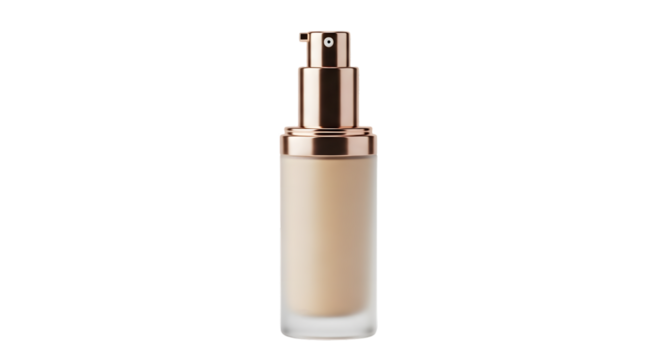 A bottle of liquid makeup foundation with a rose gold pump dispenser, isolated on a transparent background