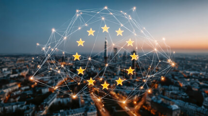 Digital network overlay with stars forming a ring, symbolizing connectivity and unity across a European city at dusk.