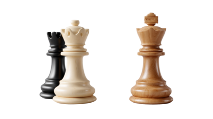 Chess Pieces: King, Queen, and Rook standing poised, a captivating arrangement of the regal Chess set, representing strategy and intellectual engagement. 