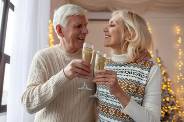 couple of elderly seniors in sweaters celebrate the new year at home and drink champagne, gray-haired old grandfather and his wife clink glasses of wine for toast on Christmas