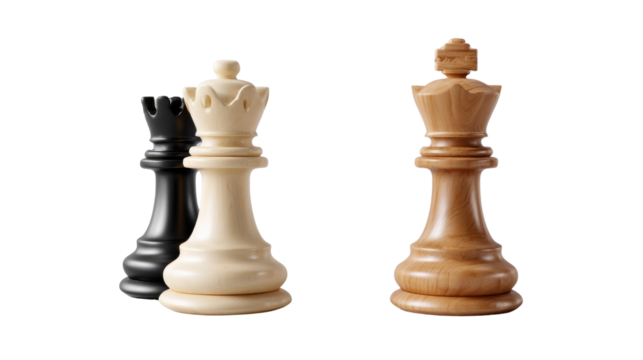 Chess Pieces: King, Queen, and Rook standing poised, a captivating arrangement of the regal Chess set, representing strategy and intellectual engagement. 
