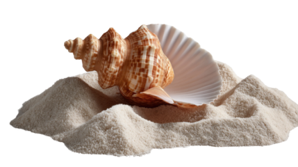 Seashells on Sandy Shoreline: A serene image showcasing two beautiful seashells resting gracefully on a bed of soft, fine sand, evocative of a coastal paradise and the tranquil beauty of the ocean.