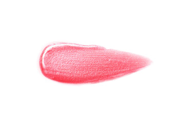 Bright red lip gloss on white background, top view