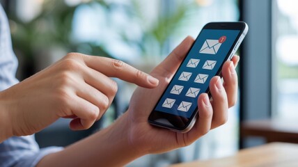Email Communication - Hands using a smartphone, with a glowing email icon and a notification bubble, symbolizing a new message and digital correspondence