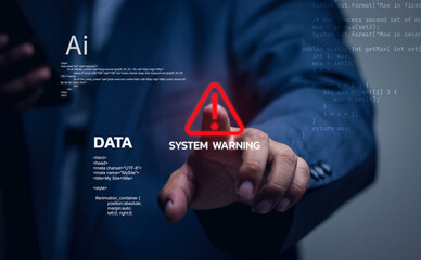 "System Warning" message: Concepts of AI and modern cyber threat intelligence, information security and AI vulnerabilities, technological risks and digital protection.