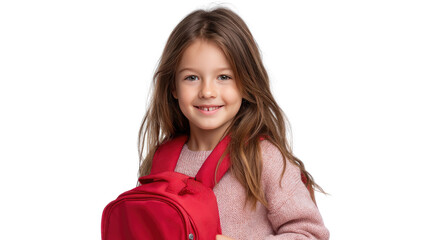Young Schoolgirl's Joy: A smiling young schoolgirl with a bright red backpack, exuding a youthful energy as she prepares for her day of learning, captured with a natural and engaging visual.