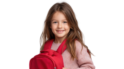 Young Schoolgirl's Joy: A smiling young schoolgirl with a bright red backpack, exuding a youthful energy as she prepares for her day of learning, captured with a natural and engaging visual.